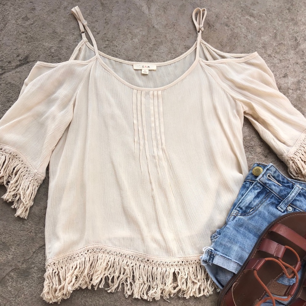 Fringe cold-shoulder top